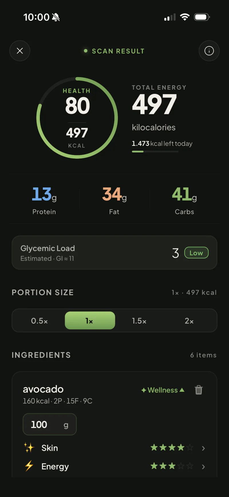 Swoodie app — meal scan nutrition result