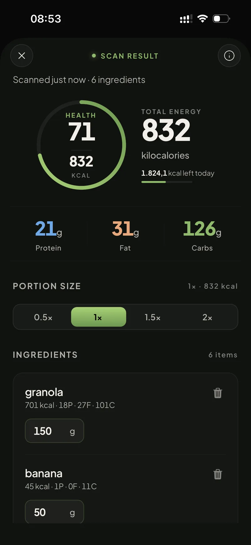 Swoodie app — meal scan nutrition result