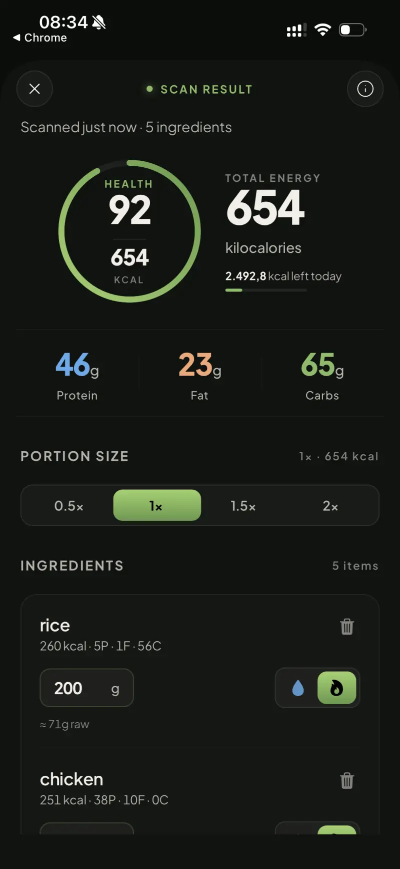 Swoodie app — meal scan nutrition result