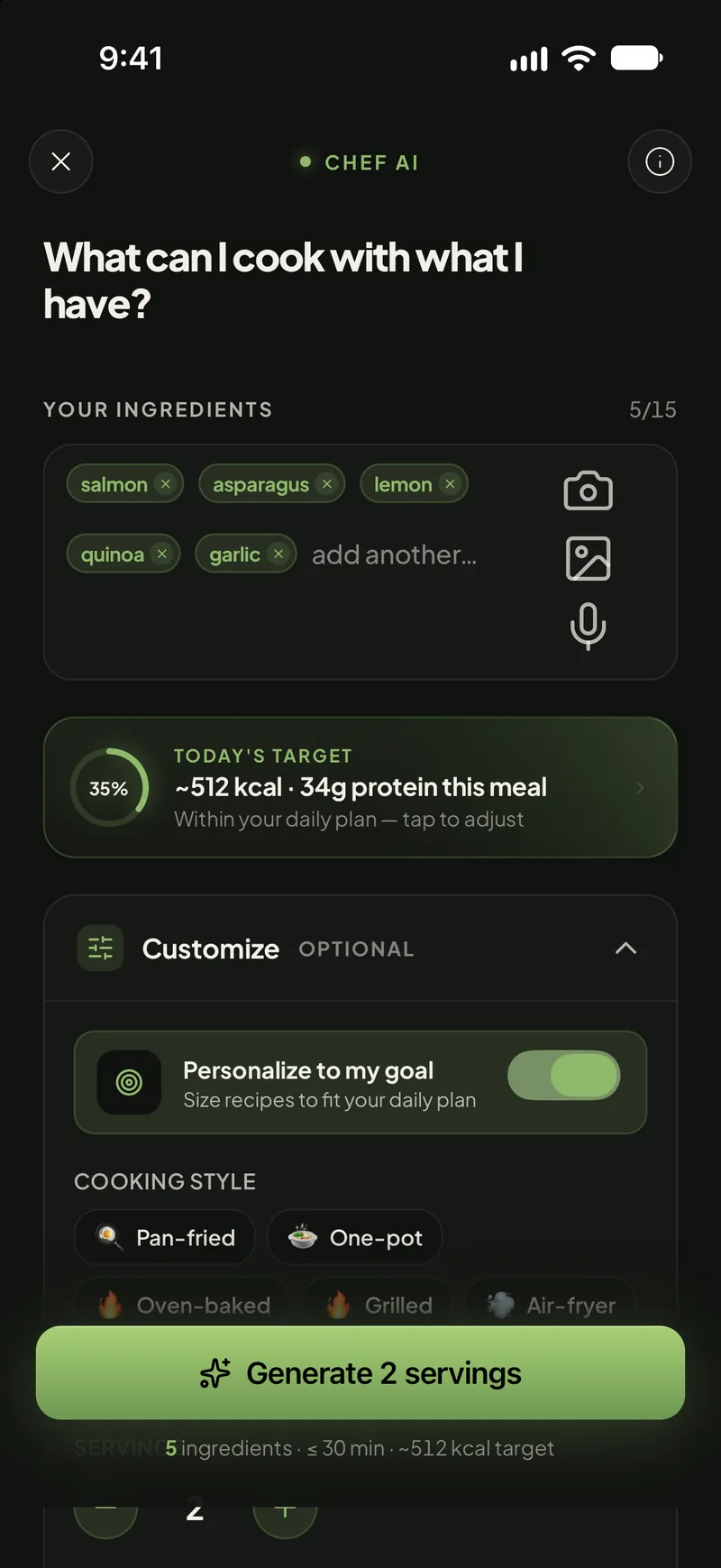 Chef AI screen “What can I cook with what I have?”: ingredient chips salmon, asparagus, lemon, quinoa, garlic, and a Generate 2 servings button