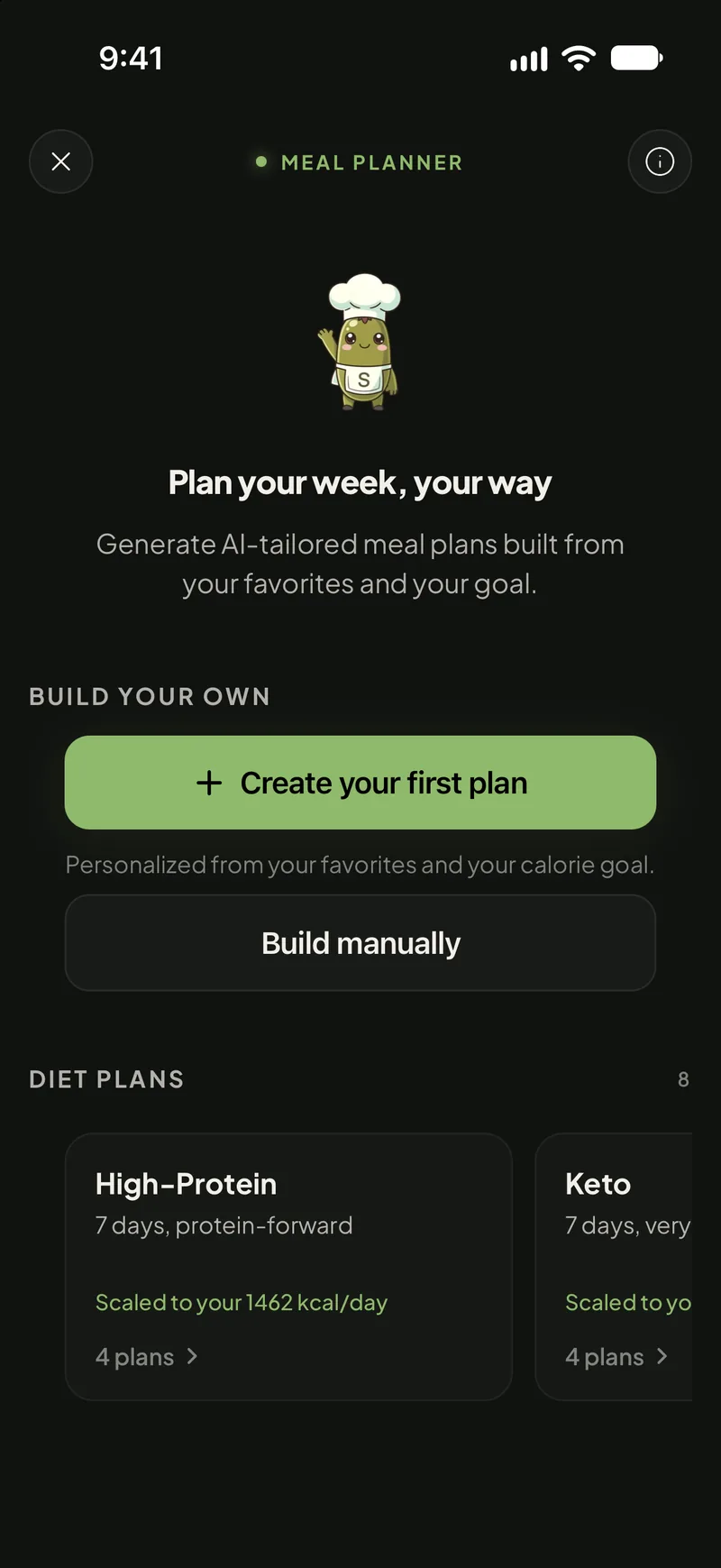 Meal Planner “Plan your week, your way”: Create your first plan, Build manually, diet plans High-Protein (7 days, scaled to 1462 kcal/day) and Keto