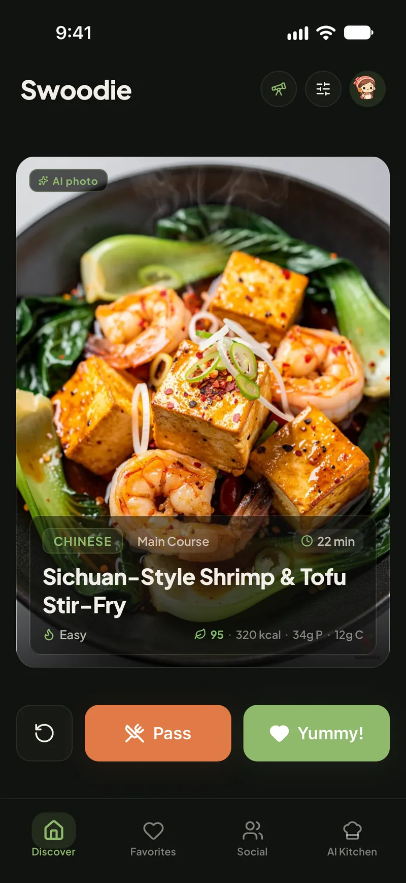 Discover swipe card: Sichuan-Style Shrimp & Tofu Stir-Fry, 22 min, Easy, 320 kcal, 34 g protein, with Pass and Yummy! buttons