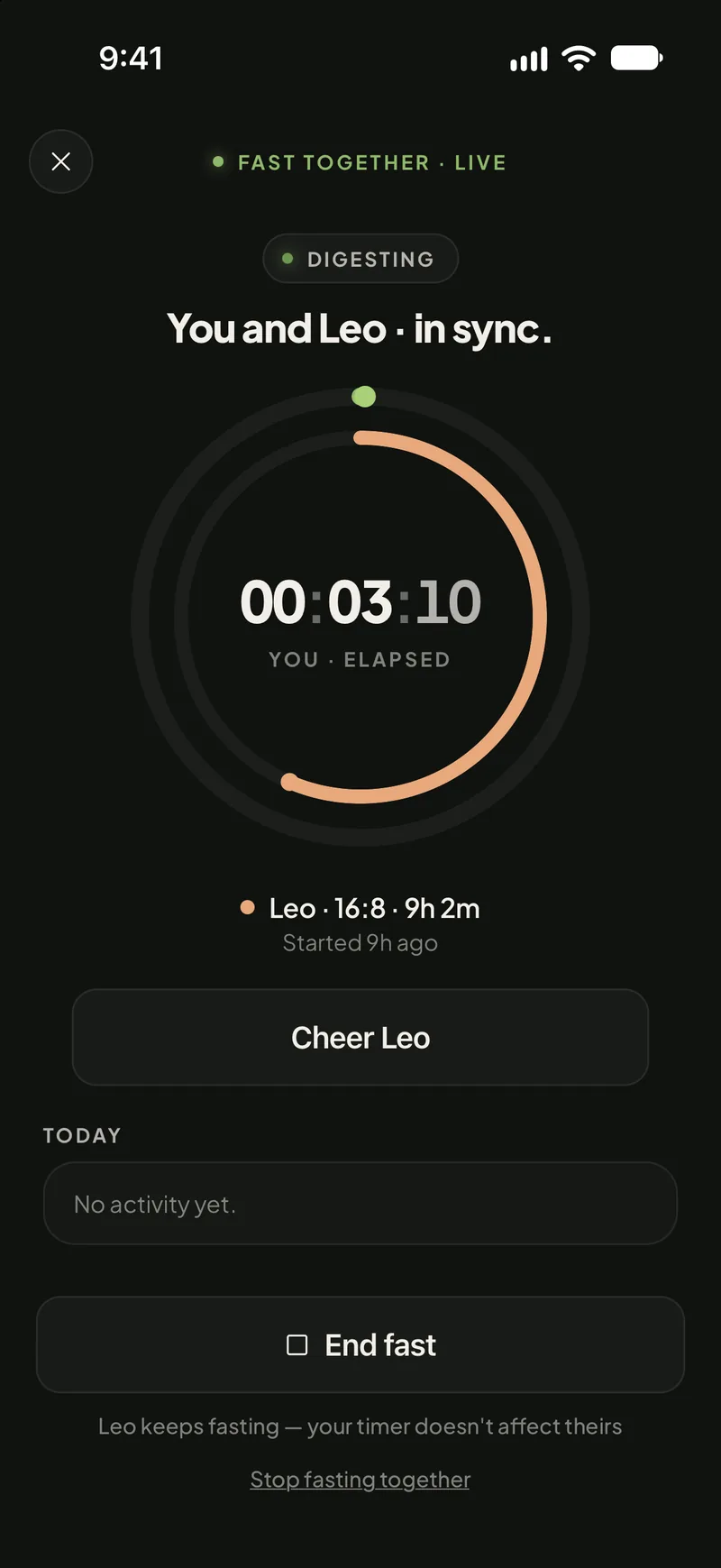Swoodie’s Fast Together screen: your timer at 3 minutes, your partner 9 hours into a 16:8 fast, a Cheer button and an End fast button.