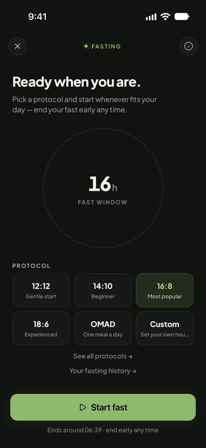 Swoodie fasting protocol picker “Ready when you are.”: 12:12, 14:10, 16:8 (most popular), 18:6, OMAD, Custom, and a Start fast button