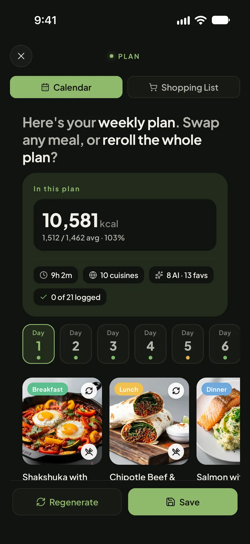 Swoodie weekly meal plan: “Swap any meal, or reroll the whole plan?”, day tabs, breakfast, lunch and dinner cards with reroll icons, Regenerate and Save