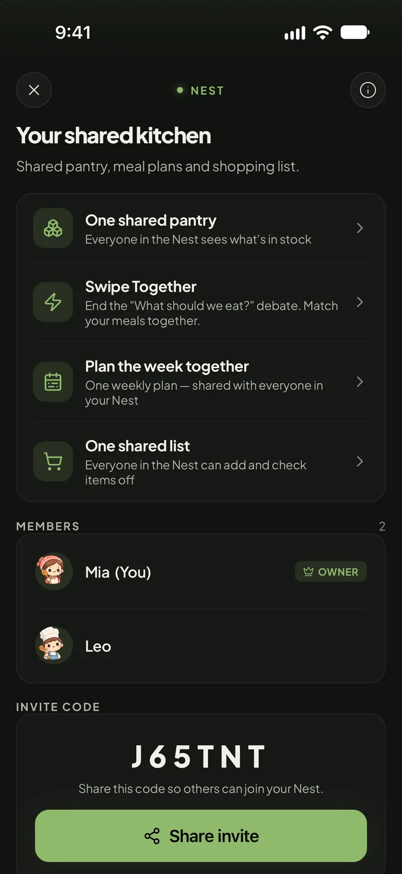 Swoodie’s Nest screen: a shared kitchen with one pantry, Swipe Together, a weekly plan and one shopping list, two members and an invite code.