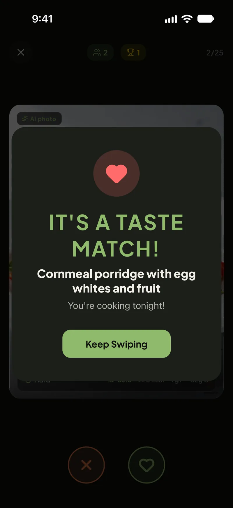 Ekran dopasowania Swipe Together: „It's a taste match!”, kaszka kukurydziana z białkiem jaj i owocami, „You're cooking tonight!”, przycisk Keep Swiping