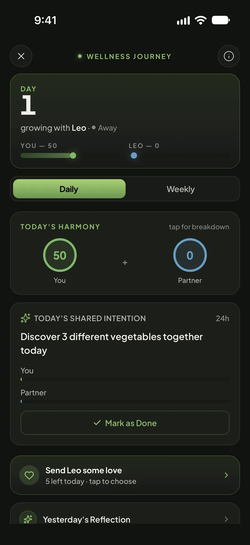 Swoodie’s Wellness Journey screen: day 1 of growing together, today’s two scores side by side, a shared intention for the day and a “send some love” button with 5 left.