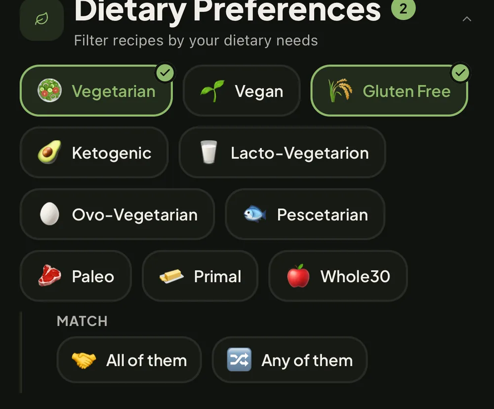 Swoodie Dietary Preferences filter: Vegetarian and Gluten Free selected; Vegan, Ketogenic, Lacto-Vegetarian, Ovo-Vegetarian, Pescetarian, Paleo, Primal, Whole30